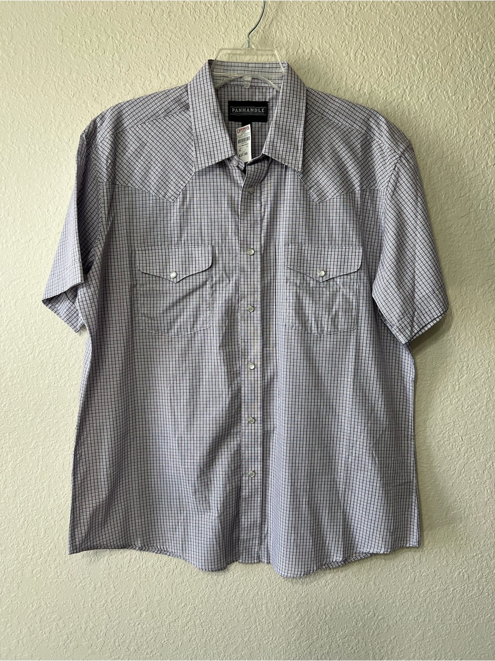 Panhandle Slim Men’s Short-Sleeve Plaid Button-Down Shirt in Blue and White